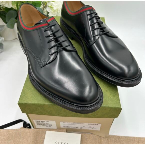 Men\'s Gucci Black Leather Derby Shoes with Green-Red Web Trim size 12.5